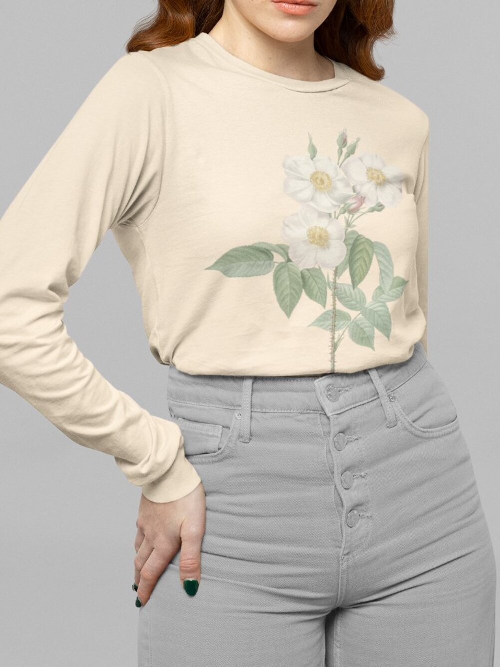 Rose Vintage Floral Print Long Sleeve Graphic Tee T-shirt S-XXL